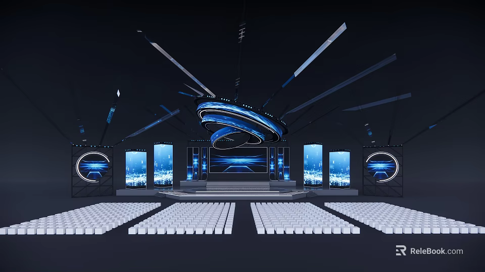 Modern Ballroom Interior with Stage Curved Lighting Fixture Blue Screens and White Seats 3d model 