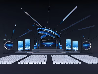 Modern Ballroom Interior with Stage Curved Lighting Fixture Blue Screens and White Seats 3d model