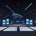 Modern Ballroom Interior with Stage Curved Lighting Fixture Blue Screens and White Seats