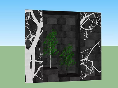Garden Ornament Featuring Black Wall With White Tree Branches And Green Saplings 3d model