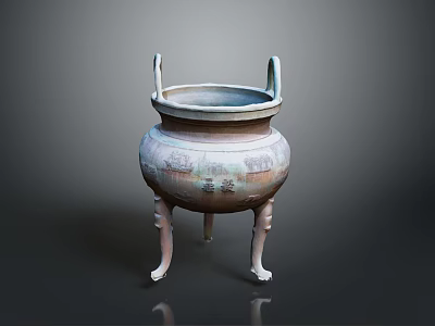 Traditional Bronze Tripod Sculpture With Ornate Carved Patterns Double Handles And Inscriptions 3d model