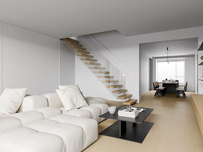Modern Apartment Interior With Open Layout White Sofa Wooden Staircase And Dining Area 3d model