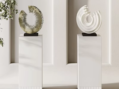 Modern Spiral Sculptures In Gold And White On White Pedestals For Interior Decor 3d model