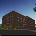 Modern Red Brick School Building Exterior With Trees Pedestrians And Pathway