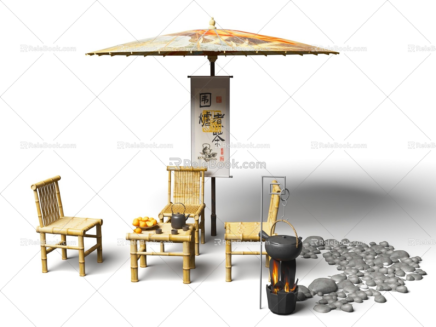 Net red clock-in round stove tea-making bamboo tables and chairs camping barbecue 3d model