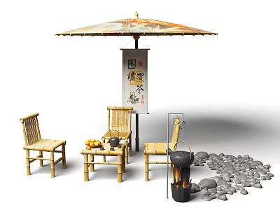 Bamboo Tea Table and Chairs Set with Umbrella Tea Set Stove and Stones in Patio 3d model