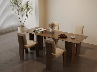 Wooden Dining Table Set with Four Chairs Books Vase Plants Fruit on Herringbone Floor 3d model