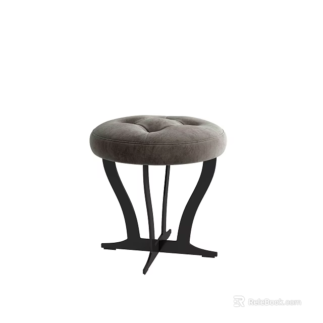 Round Gray Cushioned Ottoman With Black Metal Base And Modern Minimalist Design 3d model 