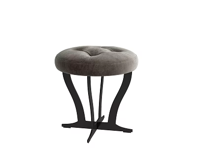 Round Gray Cushioned Ottoman With Black Metal Base And Modern Minimalist Design 3d model