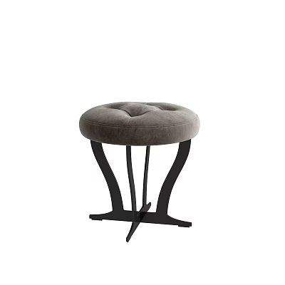 Round Gray Cushioned Ottoman With Black Metal Base And Modern Minimalist Design 3d model