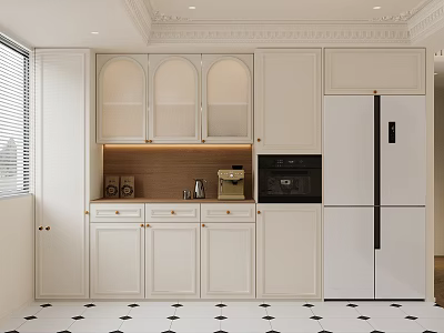Modern Kitchen Dining Sideboard With White Arched Open Shelves Cabinets Drawers And Appliances 3d model