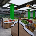 Supermarket Grocery Store With Fresh Fruits Vegetables On Wooden Display Counters And Shelves