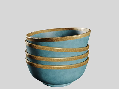 Decorative Ornament Set of Stacked Blue Bowls with Gold Rimmed Design 3d model