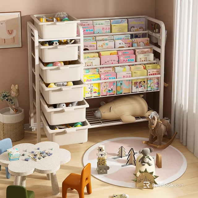 Kids Room Decorative Ornaments Collection With Storage Shelf Colorful Boxes Toys Rocking Horse And Furniture 3d model 