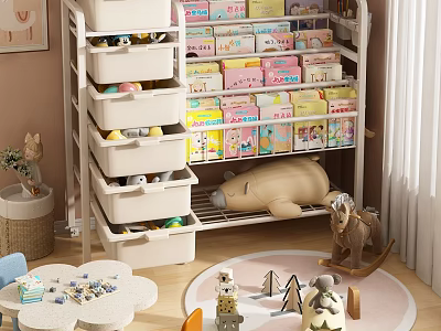 Kids Room Decorative Ornaments Collection With Storage Shelf Colorful Boxes Toys Rocking Horse And Furniture 3d model