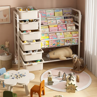 Kids Room Decorative Ornaments Collection With Storage Shelf Colorful Boxes Toys Rocking Horse And Furniture 3d model