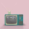 Vintage Turquoise Television Featuring Antennas on Pink Background with Classic Design