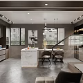Modern Dining Kitchen Interior With Marble Countertop Island Dark Cabinets Chairs And Dried Flowers Vase