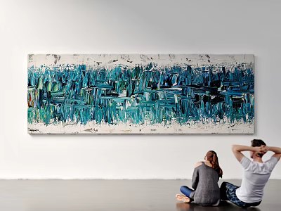 Modern Horizontal Abstract Painting With Teal Blue Textured Brushstrokes And Viewers Admiring 3d model