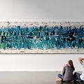 Modern Horizontal Abstract Painting With Teal Blue Textured Brushstrokes And Viewers Admiring