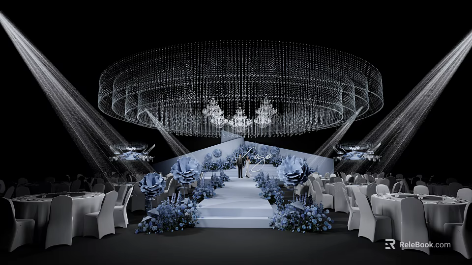 Elegant Banquet Hall with Crystal Chandelier Stage Newlyweds Blue Floral Decor and White Tables 3d model 