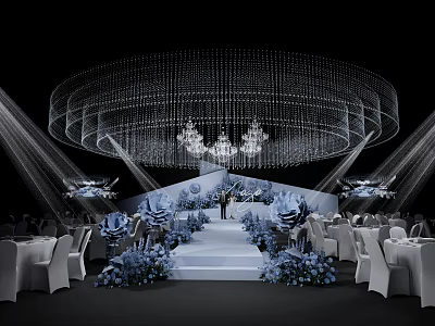 Elegant Banquet Hall with Crystal Chandelier Stage Newlyweds Blue Floral Decor and White Tables 3d model