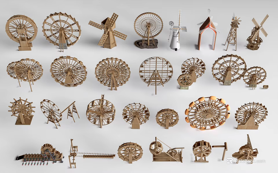 Handmade Wooden Paper Garden Decor Items With Ferris Wheel Windmill House And Tower 3d model 