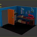 Red Workbench Furniture With Storage Bins In Blue Walled Utility Room Setup