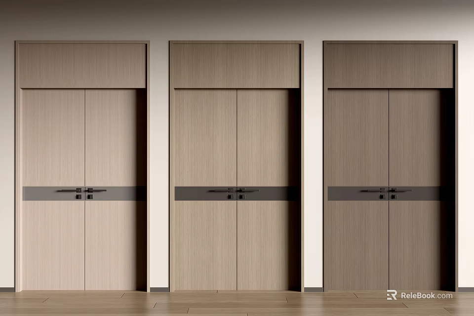 Modern Wooden Double Doors With Black Metal Strips And Light Dark Brown Gradient Finish 3d model 