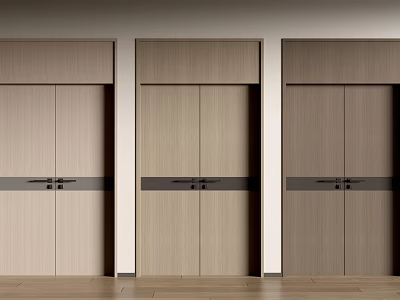 Modern Wooden Double Doors With Black Metal Strips And Light Dark Brown Gradient Finish 3d model