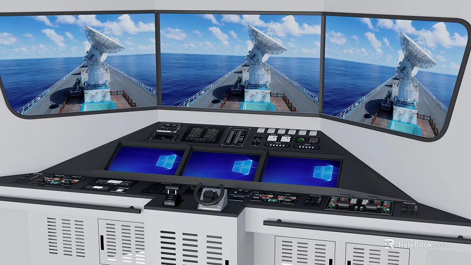 Advanced Ship Bridge Control System with Multiple Displays and Ocean View 3d model 