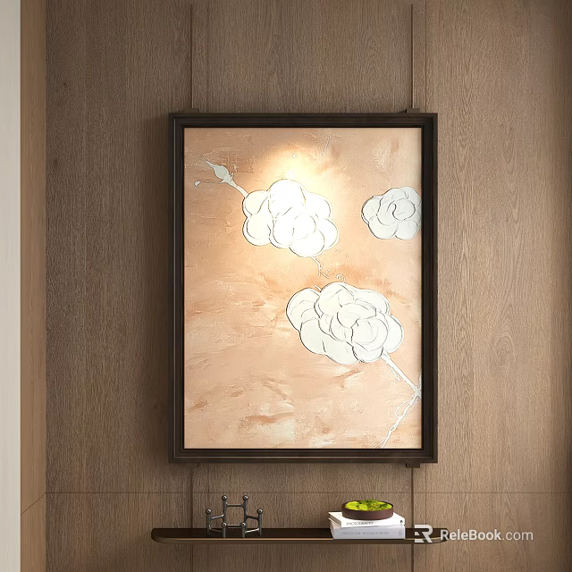 Abstract Painting With Dark Frame On Wooden Wall Beige Background White Patterns 3d model