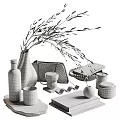 Decorative Ornament Set With Ceramic Vase Olive Branches Glass Cup Tray And Books