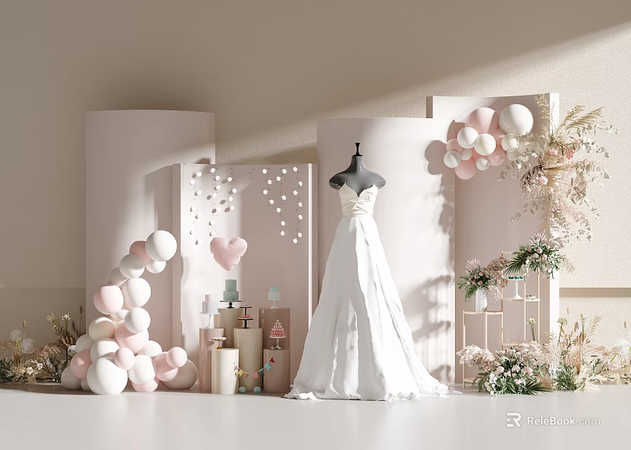 Elegant Bridal Wedding Dress Display With Pink White Balloons And Floral Decorations On Decorative Shelves 3d model 