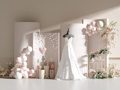 Elegant Bridal Wedding Dress Display With Pink White Balloons And Floral Decorations On Decorative Shelves 3d model