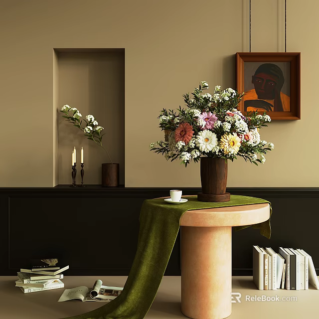 Decorative Flower Vase With Mixed Color Flowers On Round Table With Green Tablecloth And Framed Painting 3d model 
