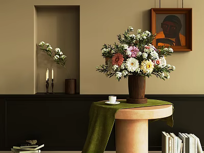 Decorative Flower Vase With Mixed Color Flowers On Round Table With Green Tablecloth And Framed Painting 3d model
