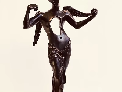 Dynamic Black Winged Sculpture Carving with Raised Arms and Hollow Torso 3d model