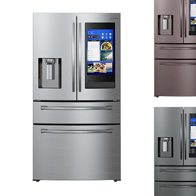 French Door Refrigerators In Stainless Steel And Brown With Water Dispenser And Digital 3d model