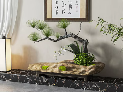 Traditional Chinese Pine Bonsai Plant Decor With Stone Base Orchid And Calligraphy Art 3d model