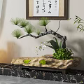 Traditional Chinese Pine Bonsai Plant Decor With Stone Base Orchid And Calligraphy Art