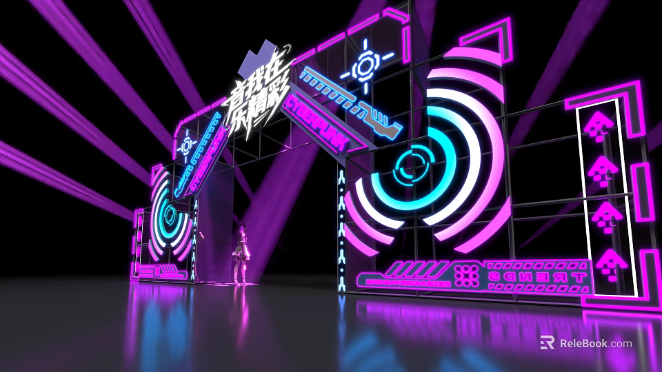 Futuristic Event Entrance With Neon Purple Blue Lights And Circular Geometric Patterns 3d model 