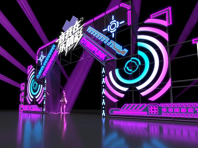 Futuristic Event Entrance With Neon Purple Blue Lights And Circular Geometric Patterns 3d model