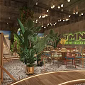 Tent Themed Restaurant Interior With Green Plants String Lights And City Sunset View