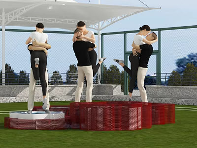 Two Person Dance Poses On Red And White Platform In Green Grass Field With Canopy 3d model