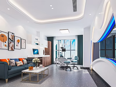 Modern Hospital Outpatient Clinic Interior With Comfortable Sofa Medical Equipment And Decorative Paintings 3d model