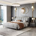Elegant Modern Double Bed Background With Gray Headboard Golden Accents Round Mirrors Nightstands Table Lamps