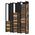 Modern Stone Wood Decorative Structure With Stacked Logs And Metal Frames 3d model