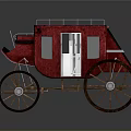Red Vintage Carriage With Wooden Wheels Roof Rail Door And Window Details