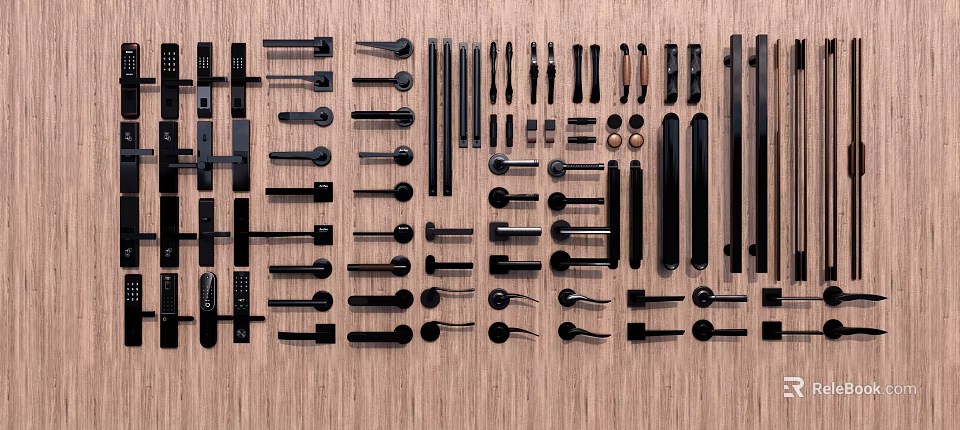 Various Black Metal Door Handles Displayed on Wooden Surface with Assorted Styles 3d model 